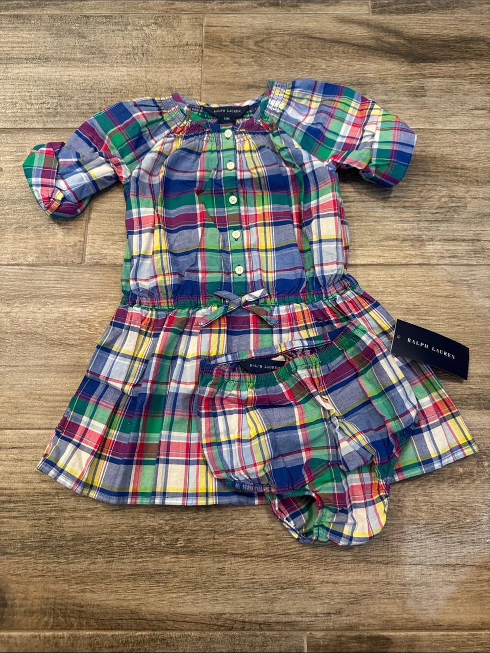 Ralph Lauren Multicolor Plaid Cotton Baby Dress & Bloomers